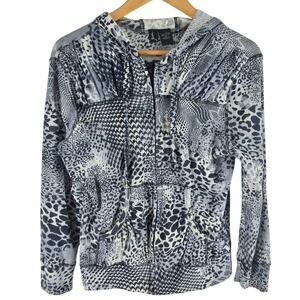 Yashi Womens Mixed Animal Print Zip Up Hoodie Grey Leopard Rhinestone Small
